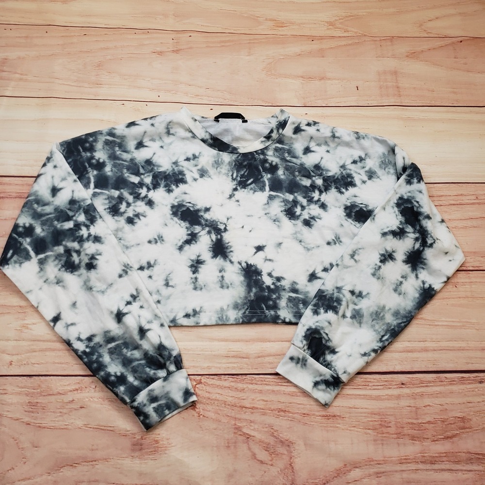 SHEIN Top Womens Medium Black White Tie Dye Cropped Long Sleeve Casual Adult